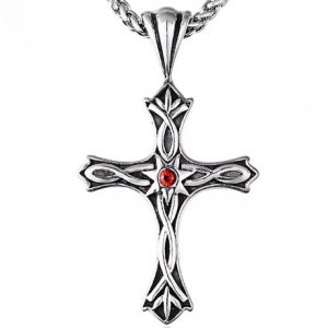 Stainless Steel Cross with red and black gem